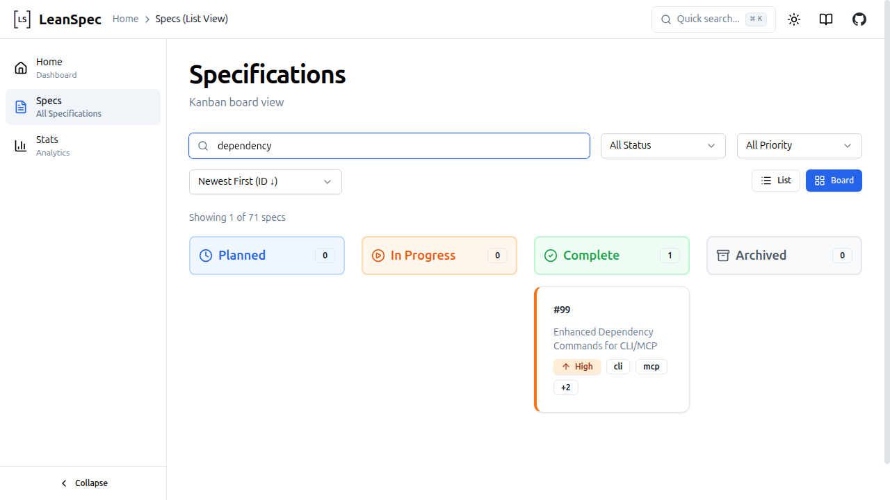 Search filtering to dependency-related specs across board columns