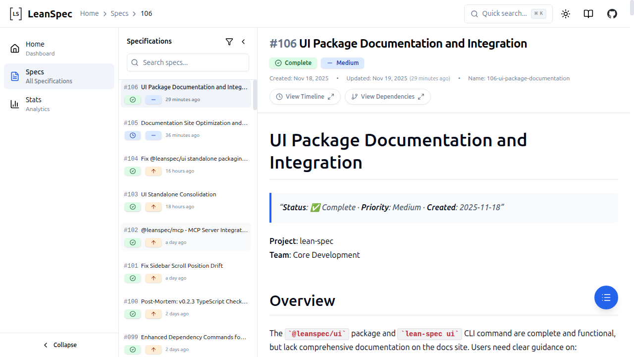 Spec detail view showing metadata, actions, and rendered markdown