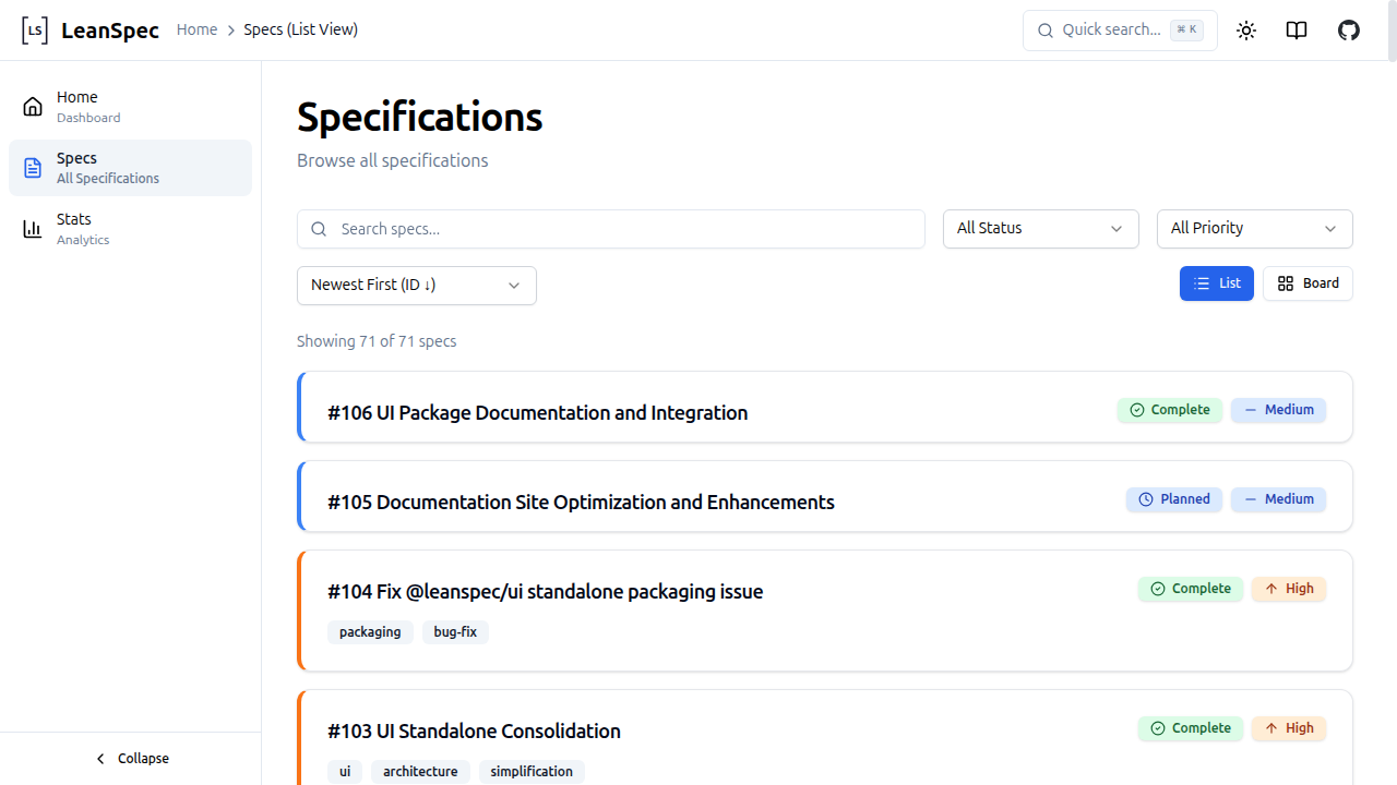 LeanSpec UI list view showing spec cards with search and filters