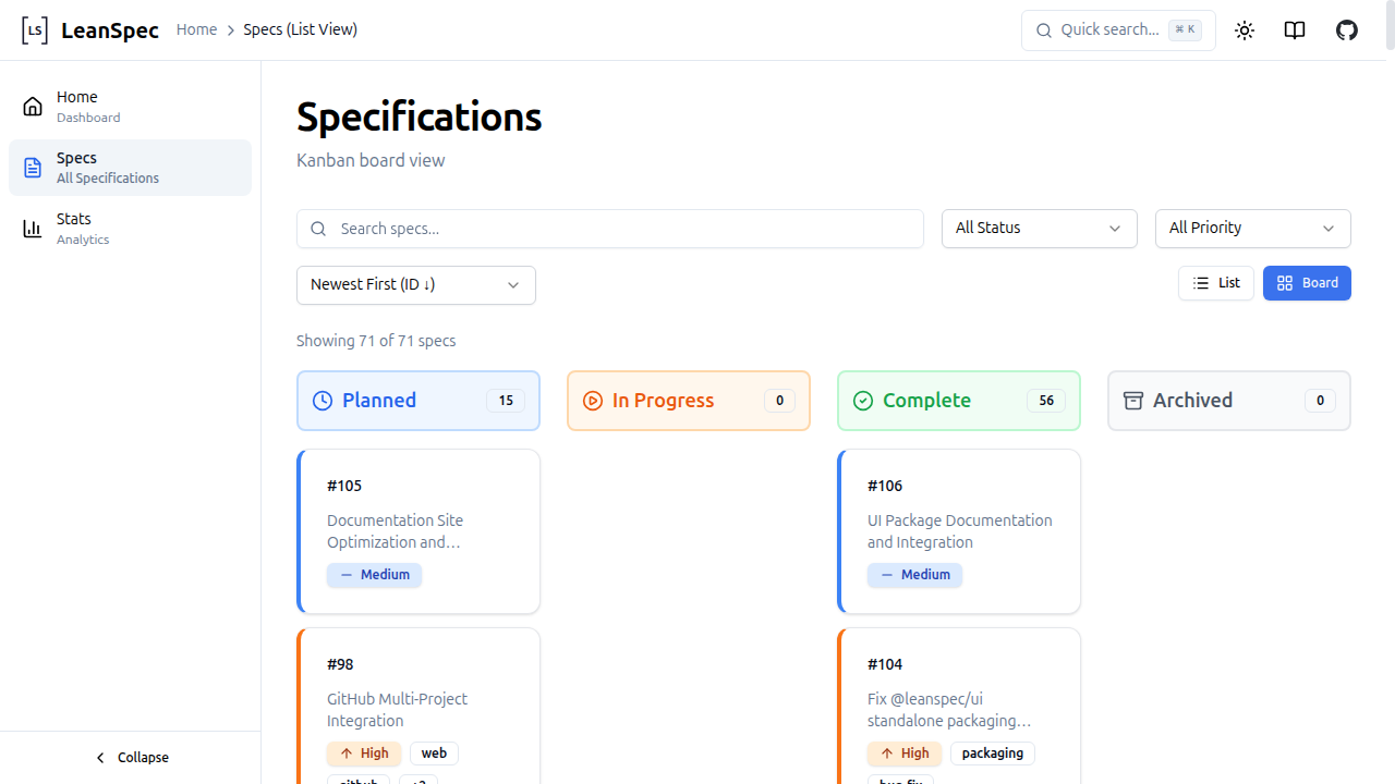 看板视图包含 Planned、In Progress、Complete、Archived 列